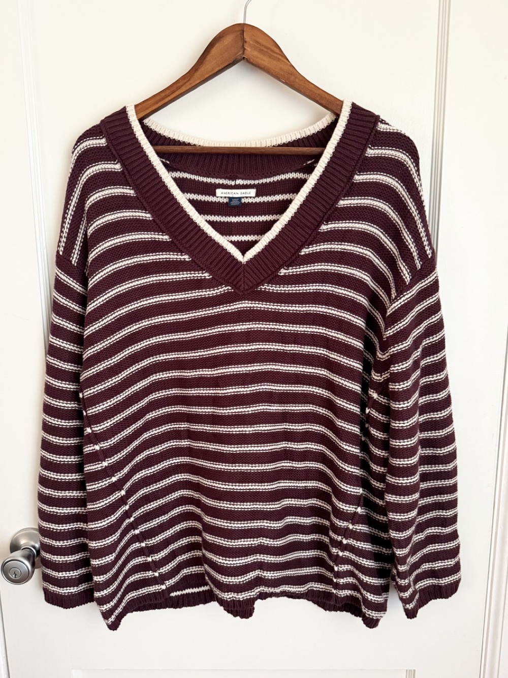 American Eagle Oversized Striped V-Neck Burgundy Knit Sweater